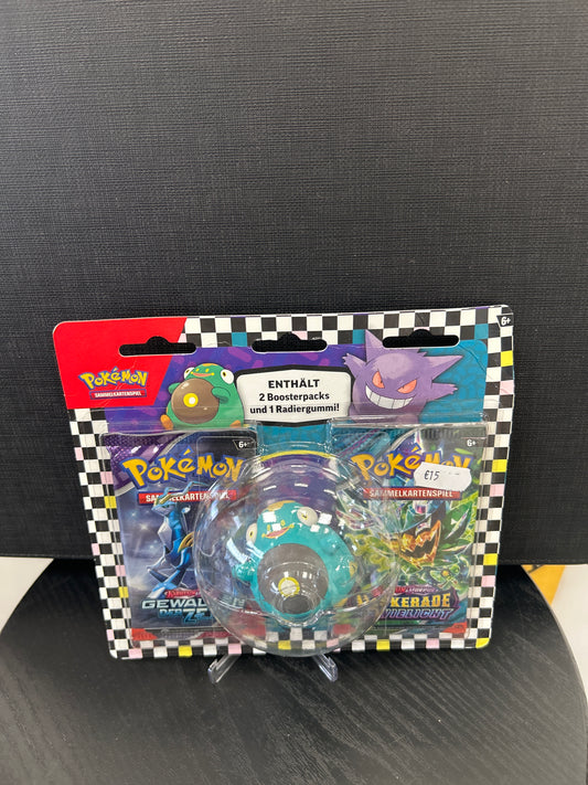 Pokémon 2er Blister + 1 Radiergummi Karmesin & Pupur Gewalten der Zeit und Maskerade im Zwielicht