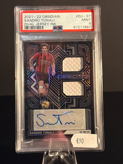 Sandro Tonali Dual Jersey INK 2021-22 Obsidian PSA 9