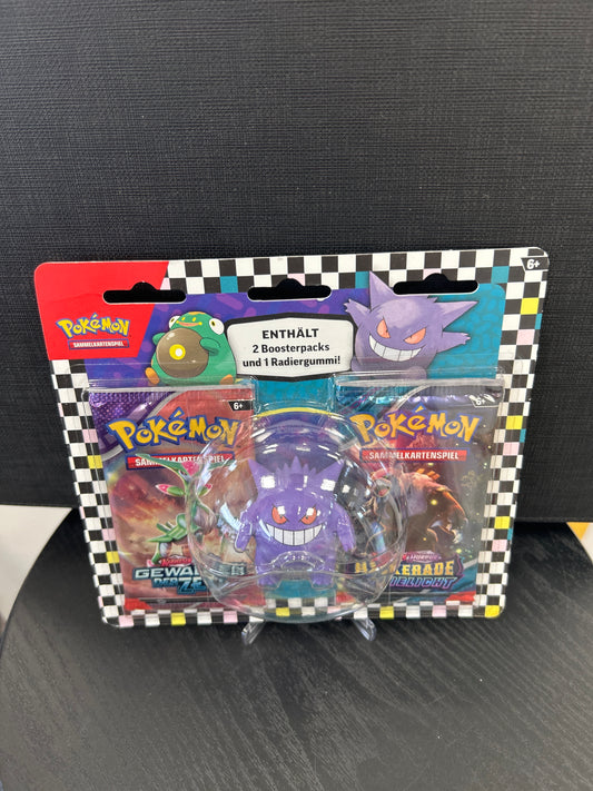 Pokémon 2er Blister + 1 Radiergummi Karmesin & Pupur Gewalten der Zeit und Maskerade im Zwielicht